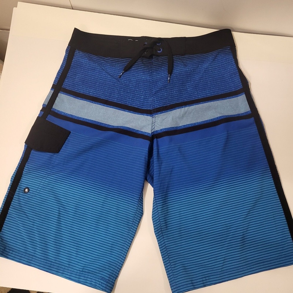 OP Plex 4 Way Strech , Men's Swim Trunks, Blue/Black/ Stripes Design Size30